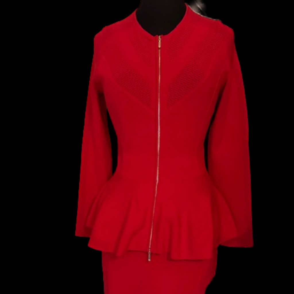 Red Escada Knit Suit Elegant Peplum Jacket & Pencil Skirt